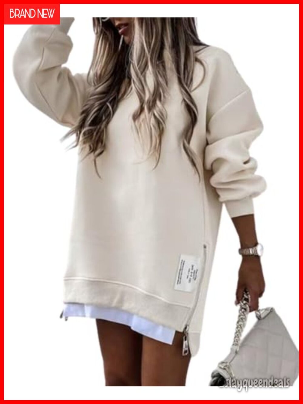 Oversized Crewneck Sweatshirt Side Zipper Slit Pullover Top
